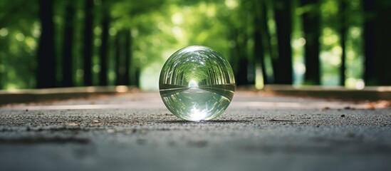 Poster - Clear glass ball reflecting a lush green forest along a pathway, centered in the image, with blurred trees on either side creating depth.