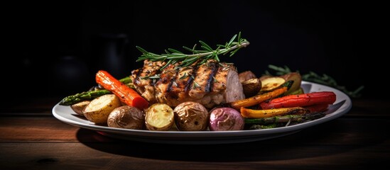 Poster - Roasted pork tenderloin garnished with fresh herbs on a white plate with colorful grilled vegetables including carrots, potatoes, and asparagus on a dark background.