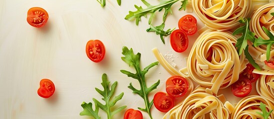 Poster - Fresh pasta with cherry tomatoes and arugula on a light wooden background, vibrant red, green, and beige colors, with pasta arranged artistically.