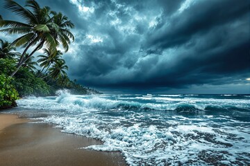 Aufkleber - Tropical beach with stormy skies and crashing waves, surrounded by lush palm trees.