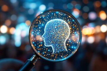 Poster - Human head silhouette with glowing stars under a magnifying glass on blurred background.