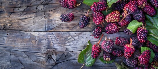 Poster - Vibrant mulberries in deep purple and red hues arranged on a rustic wooden surface with green leaves offering ample copy space for text.
