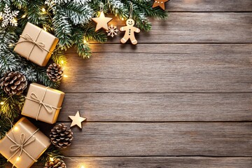 Poster - Christmas decorations with gifts, pinecones, lights, and gingerbread on wooden background.