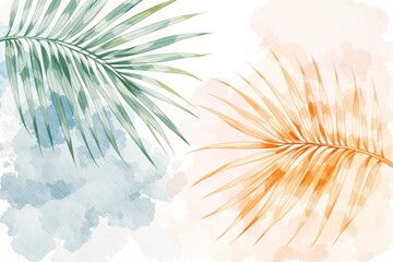 Poster - Green and orange palm leaves on watercolor splashed background.