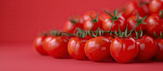 Poster - Vibrant red mini tomatoes grouped at the forefront against a matching red background creating a fresh appealing copy space for design use