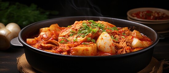Aufkleber - Delicious Korean kimchi stew featuring tender pork, diced kimchi, and green garnish in a black bowl, placed on a rustic wooden table.