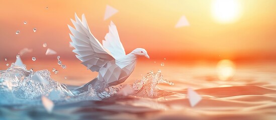 Poster - White dove gracefully emerging from gentle blue water against a vibrant orange sunset, creating a serene and peaceful atmosphere.