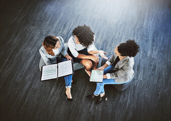 Poster - Above, conversation and women in office, tablet and feedback for sales proposal. Employees, consultant and people with tech, company website and documents for profit increase, ideas and digital app