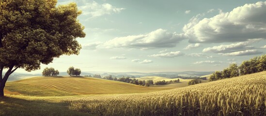 Aufkleber - Serene landscape featuring rolling golden hills with lush green trees under a soft cloudy sky creating a peaceful rural scene.