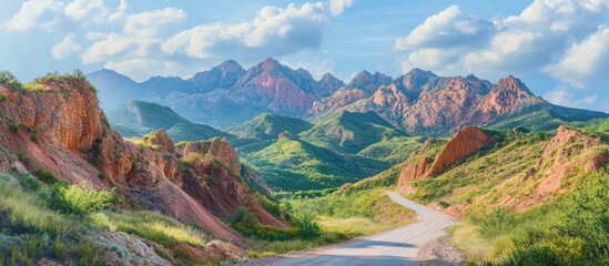 Poster - Summer mountain landscape with winding road amidst green hills, red rock formations and blue sky with fluffy clouds in the background.