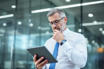 Poster - Mature businessman analyzing data on a tablet in modern office background.