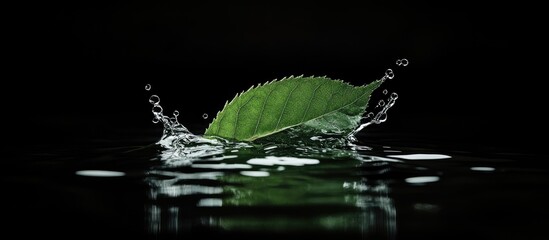 Aufkleber - Leaf splashing into dark water creating ripples with vibrant green color against a black background highlighting fluid dynamics and nature's beauty.