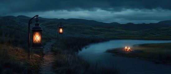 Poster - Illuminated oil lamps cast warm orange glow against dark cloudy sky and distant green hills beside a serene lake's grassy edge on the right