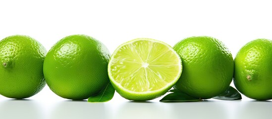 Poster - Fresh green limes arranged in a line against a bright white background with one lime cut in half showcasing the juicy interior.
