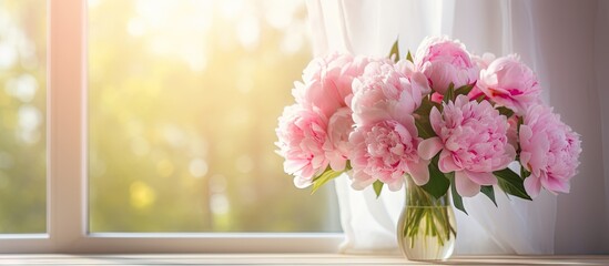 Aufkleber - Peony bouquet in a glass vase on a sunlit table next to a window with sheer white curtains allowing soft light and space for text inclusion