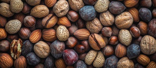 Poster - Healthy assortment of organic mixed nuts and dried fruits in a wooden bowl with warm brown tones on a rustic wooden background.