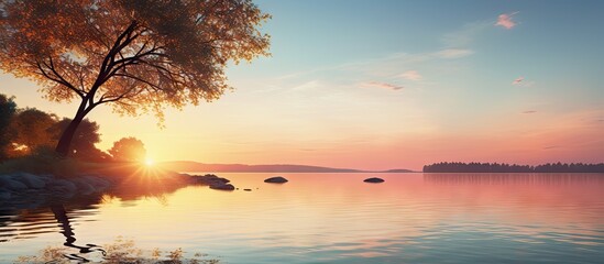 Aufkleber - Serene lakeside sunset with vibrant orange and pink hues reflected on calm water, bordered by lush trees and smooth stones on the shore.