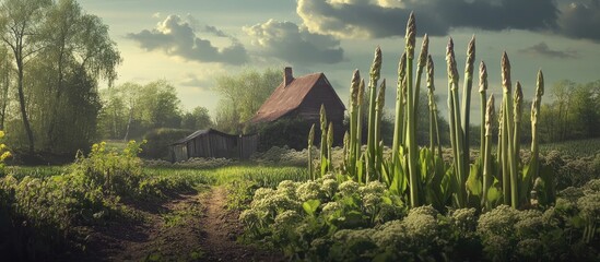 Poster - Freshly harvested asparagus spears standing tall in a lush green rural farm setting with a quaint cottage and dramatic clouds in the background