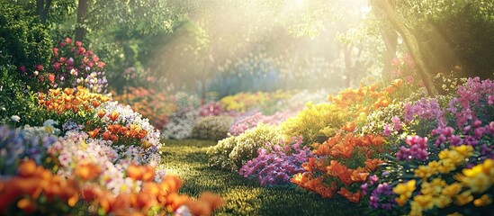 Poster - Vibrant garden scene with colorful flower beds in various hues of pink, purple, orange and yellow under warm sunlight illuminating a lush green pathway.