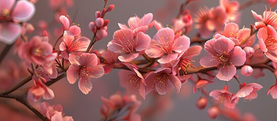 Aufkleber - Delicate pink peach blossoms cascade elegantly on a slender branch with a soft gray background creating ample space for text and design elements.