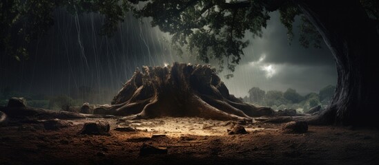 Fototapete - Dramatic landscape featuring a hollow tree struck by lightning positioned centrally with dark rain clouds above and soft light illuminating the ground.
