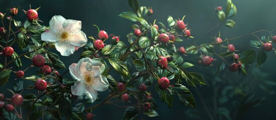 Poster - Delicate white flowers and vibrant red berries nestled among lush green leaves with soft lighting creating an enchanting atmosphere.