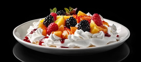 Poster - Pavlova dessert featuring a white whipped cream base topped with vibrant yellow peach slices and mixed berries on a black background.