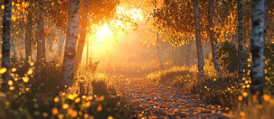 Leinwandbilder - Vibrant autumn landscape with golden leaves glowing in sunlight, pathway framed by colorful trees, warm orange hues enhancing peaceful meadow scene