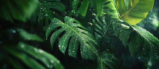 Poster - Lush tropical rainforest foliage with large green monstera leaves and water droplets, deep green hues, layered texture, vibrant and fresh environment