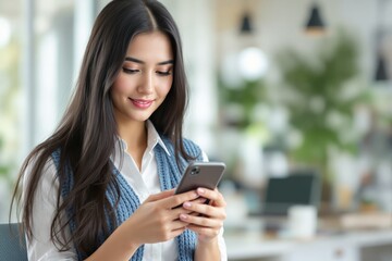 Poster - Woman using smartphone in modern office environment.