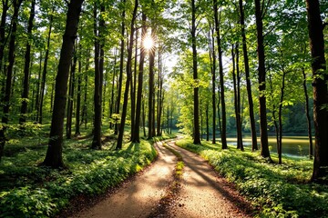 Poster - Forest path with sunlight through trees by a lake.