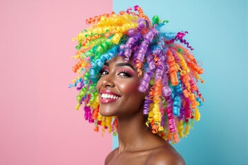 Aufkleber - Portrait of a person with vibrant rainbow curls, smiling brightly against a split pastel pink and blue background.