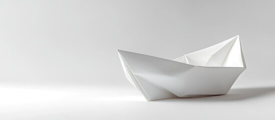 Aufkleber - Minimalist white origami paper boat positioned on the right side against a clean white background creating a serene and timeless aesthetic.
