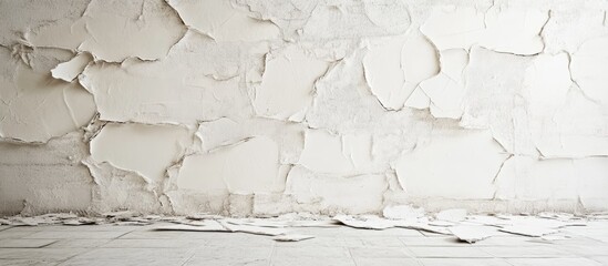 Leinwandbilder - Cracked white wall background with peeling paint, soft shadows and debris on floor creating a vintage atmosphere, ideal for retro-themed designs.