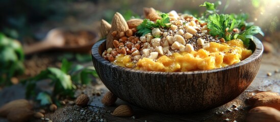 Poster - Nutritious breakfast bowl with vibrant yellow smoothie base topped with an array of nuts and green herbs in a rustic wooden bowl on a textured surface