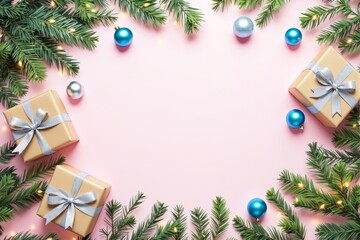 Poster - Festive Christmas background with gifts, fir branches, and ornaments on pink backdrop.