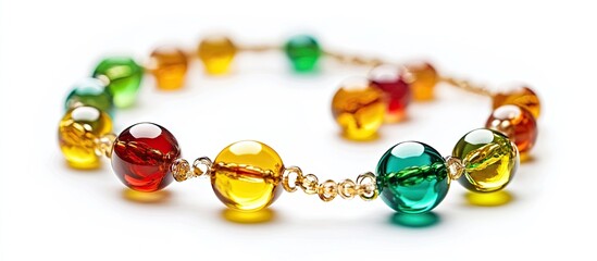 Aufkleber - Colorful beaded necklace featuring vibrant red, green, yellow, and amber beads arranged elegantly on a white background showcasing a beautiful design.
