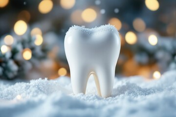 Poster - Tooth in snow with bokeh lights background for winter dental care concept.