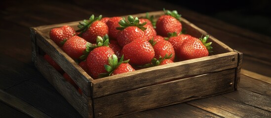 Poster - Fresh red strawberries in a wooden crate arranged atop a rustic wooden table with natural lighting creating soft shadows and textures.