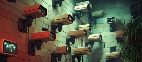 Fototapete - Surreal environment with various vintage surveillance cameras in shades of orange, white, and green, mounted on a textured wall, creating an eerie atmosphere.