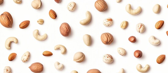 Poster - Mixed assorted nuts including walnuts, cashews, almonds, and hazelnuts scattered on a clean white background with a top-down view.