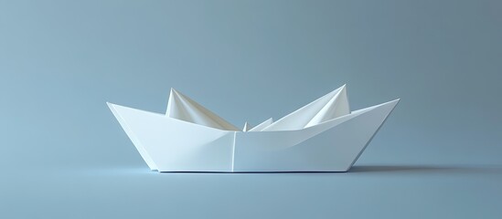 Poster - White origami boat centered on a soft blue background with a minimalist design emphasizing clean lines and subtle shadows for a serene effect