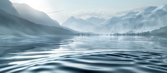 Aufkleber - Calm mountain lake with gentle ripples in the foreground reflecting misty blue-gray mountains and soft sunlight creating a serene atmosphere