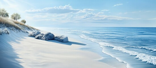 Aufkleber - Tranquil beach landscape featuring soft white sandy shoreline with gentle waves, serene blue ocean, and lush green foliage in the background.