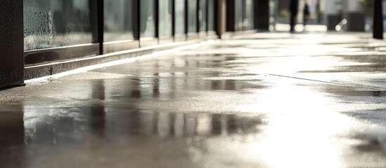 Fototapete - Urban sidewalk with newly poured wet cement reflecting sunlight, featuring a smooth surface, glass panels on the left and blurred figures in the background.