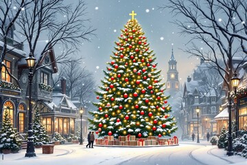 Poster - Festive Christmas tree with snow-covered village at twilight.