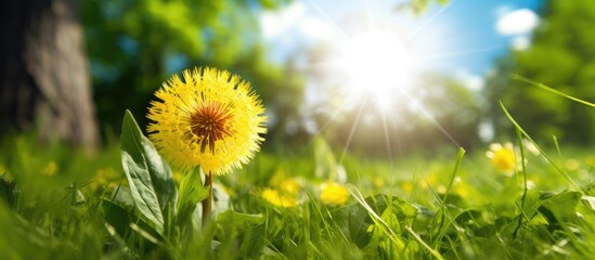 Leinwandbilder - Vibrant yellow dandelion flower in lush green grass under bright sunlight with a blurred background and ample copy space for text.
