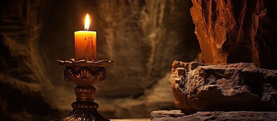 Fototapete - Candle glowing softly in ornate candlestick, positioned left, illuminating textured cave walls in warm amber and deep brown tones.