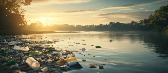 Poster - Sunrise over a serene river dotted with colorful plastic waste, reflecting warm golden hues on calm water, framed by lush green trees.