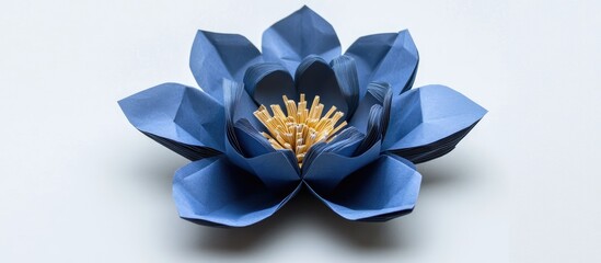 Poster - Blue origami flower with layered petals positioned centrally, featuring golden stamens, set against a soft light gray background.